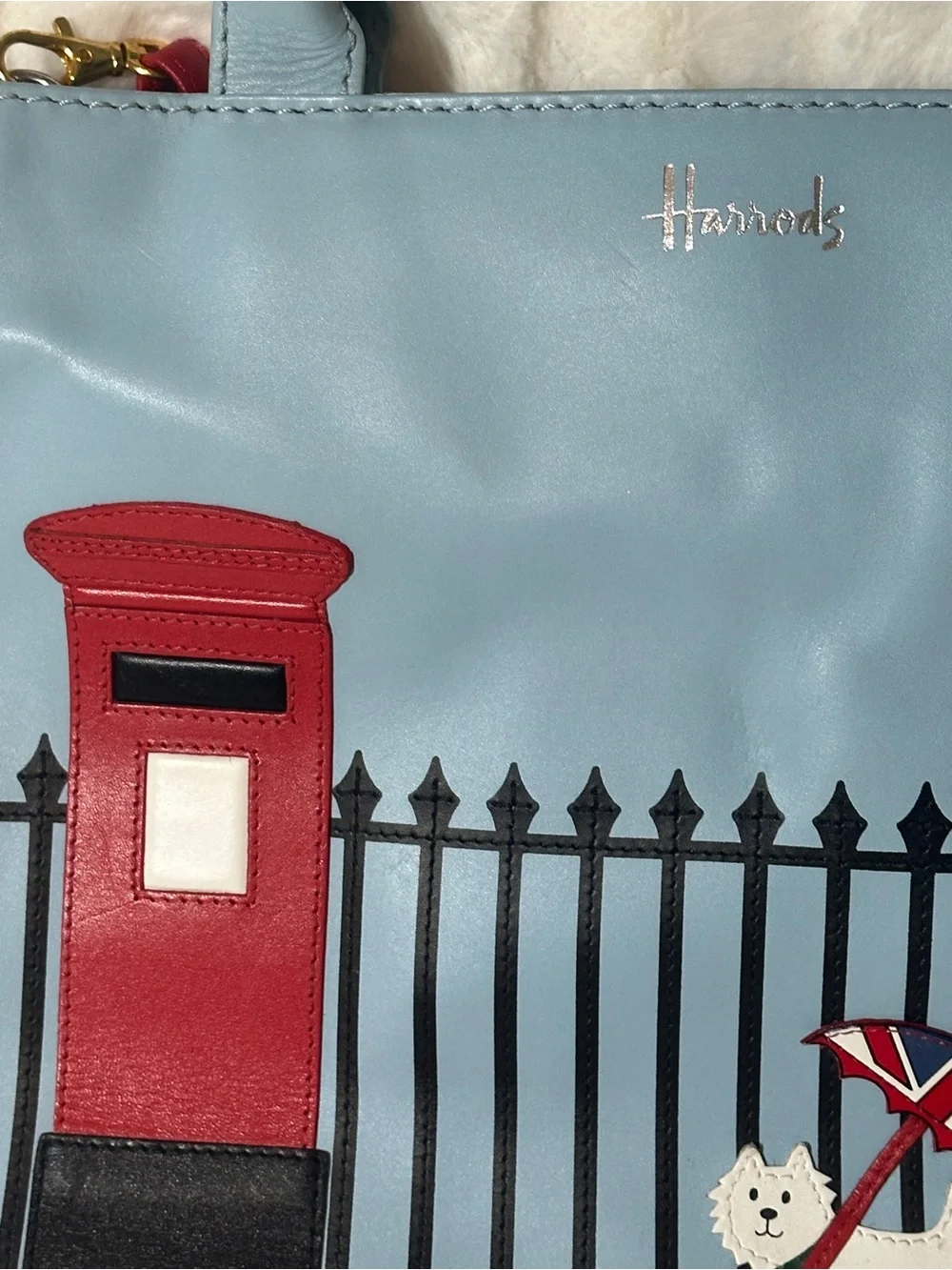 Harrods Light Blue Satchel with Red Strap and London Motif